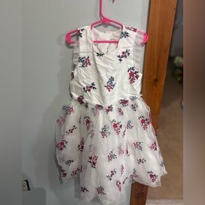 Kensie White Floral Tulle Dress with Pink & Navy Embroidery
